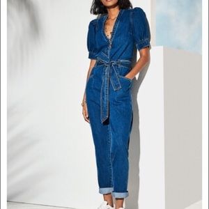 Happy Nature La Vita blue denim chambray jean puff sleeve belted jumpsuit